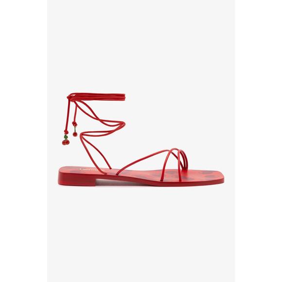 Larroude Nadia Leather Flat Sandal - 10 - Scarlet - Picture 1 of 4